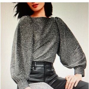 LOFT Shimmering metallic silver boat neck puff shoulders New Year holiday top SP